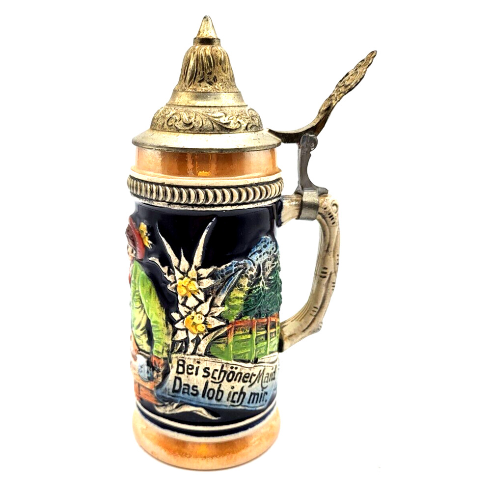 Vintage German Beer Stein DBGM Barrel Shaped 8" Tall Brass Lid Stamped